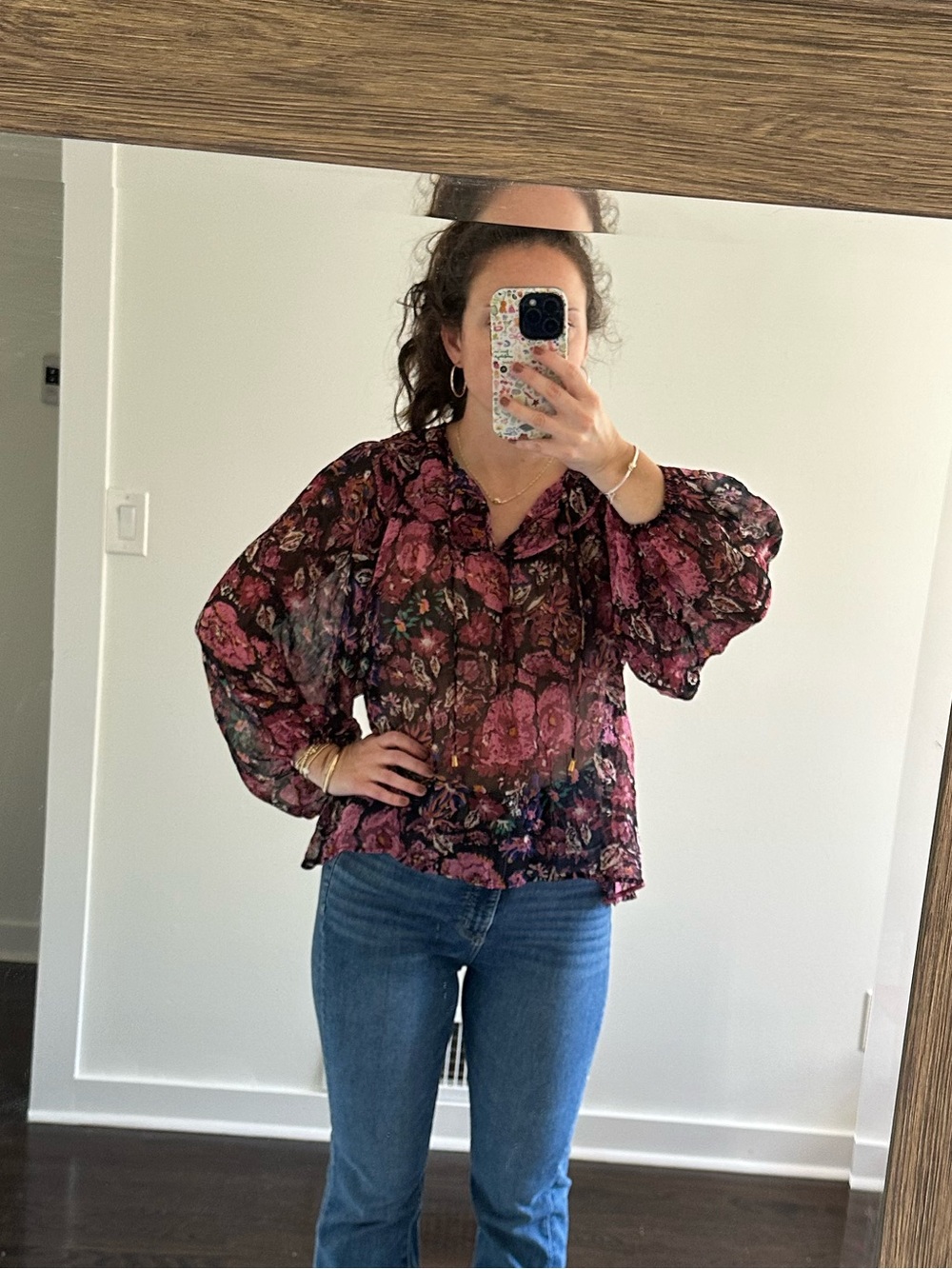 Cleobella Floral Peasant Blouse Boho Sheer Tie Neck Top | Size S